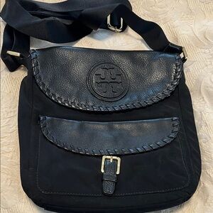 Tory Burch Black Leather-Trim Messenger Crossbody